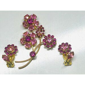 Czech floral pink rhinestone brooch & earrings SET of 2 gold-tone VTG jewelry